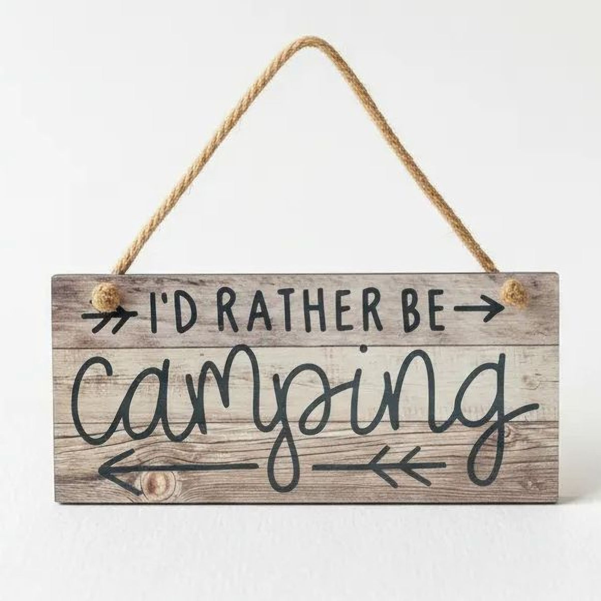 Wooden hanging camping sign with rope handle and 'I'd rather be camping' text