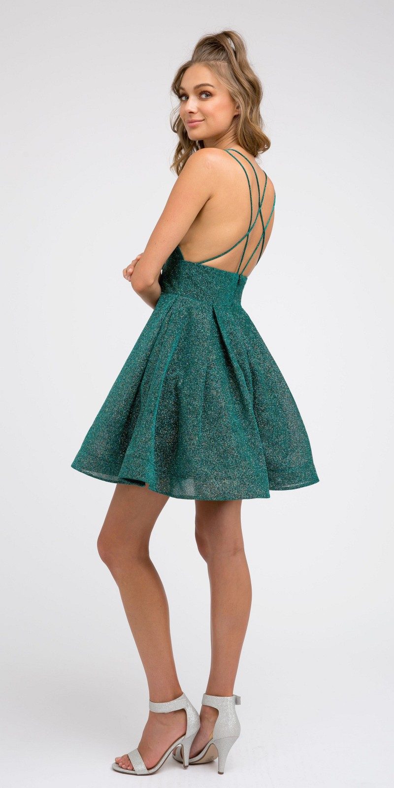 Green speckled V-neck A-line short dress with crisscross back straps