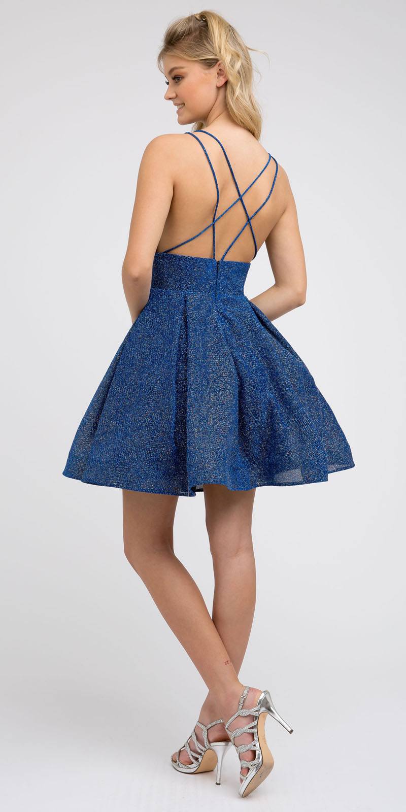 Blue textured A-line dress with thin straps and crisscross back detail