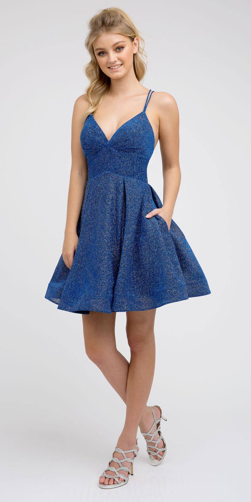 Blue textured V-neck A-line dress with thin straps and flared skirt