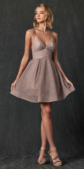 Taupe textured V-neck A-line dress with thin spaghetti straps and flared skirt