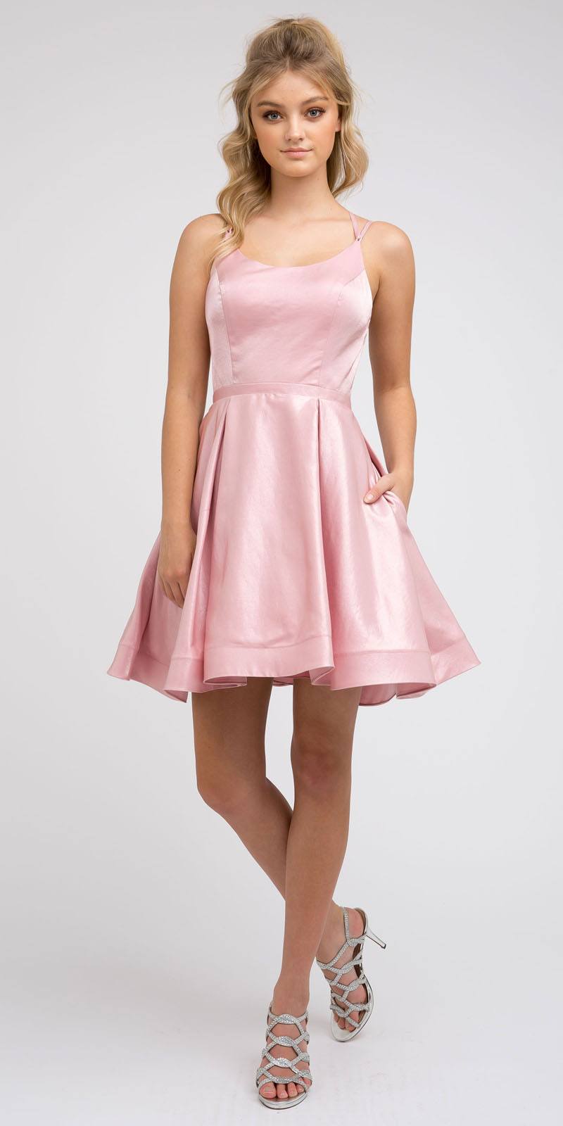 Pale pink satin homecoming short dress with scoop neckline and flared pleated skirt