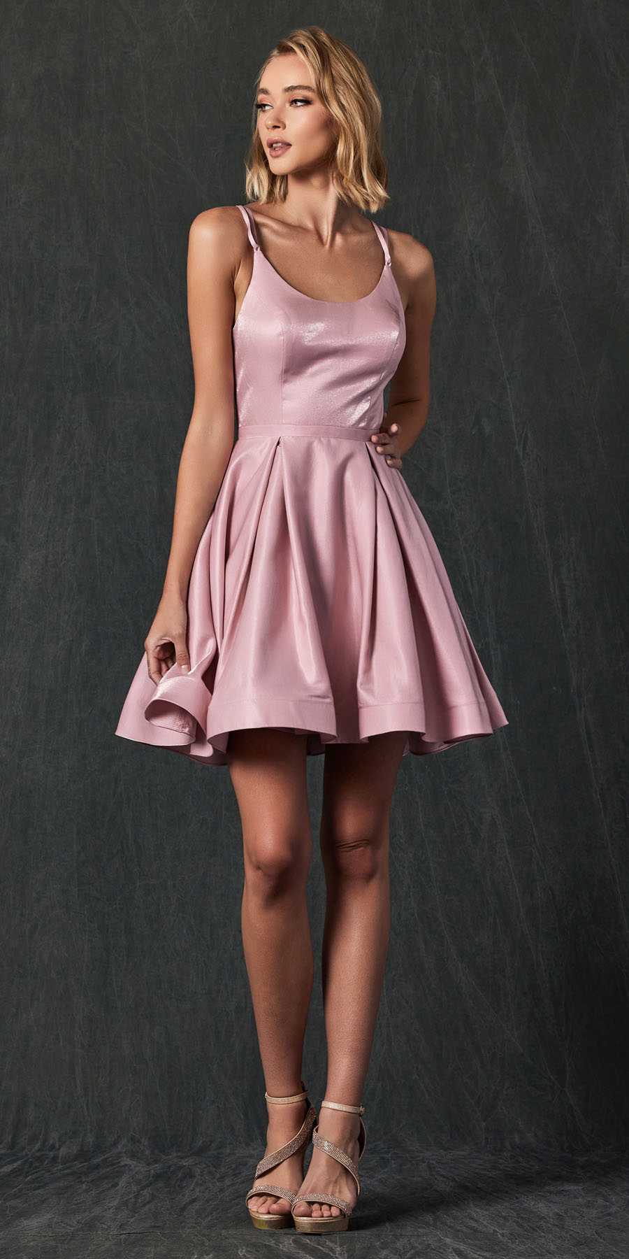 Mauve satin homecoming short dress with scoop neckline and flared skirt