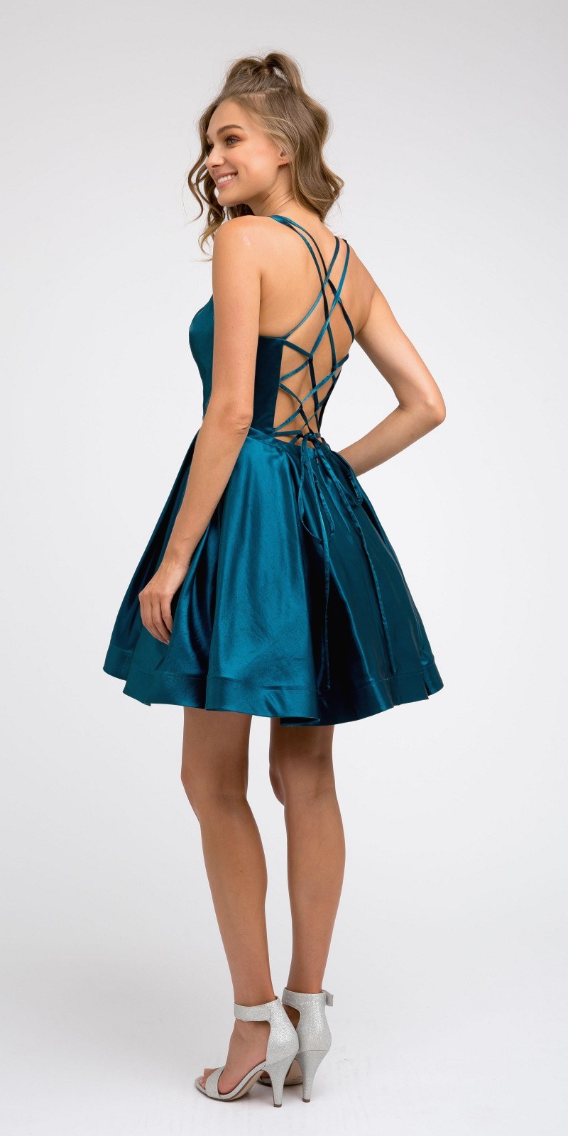 Teal satin homecoming short dress with crisscross caged back straps