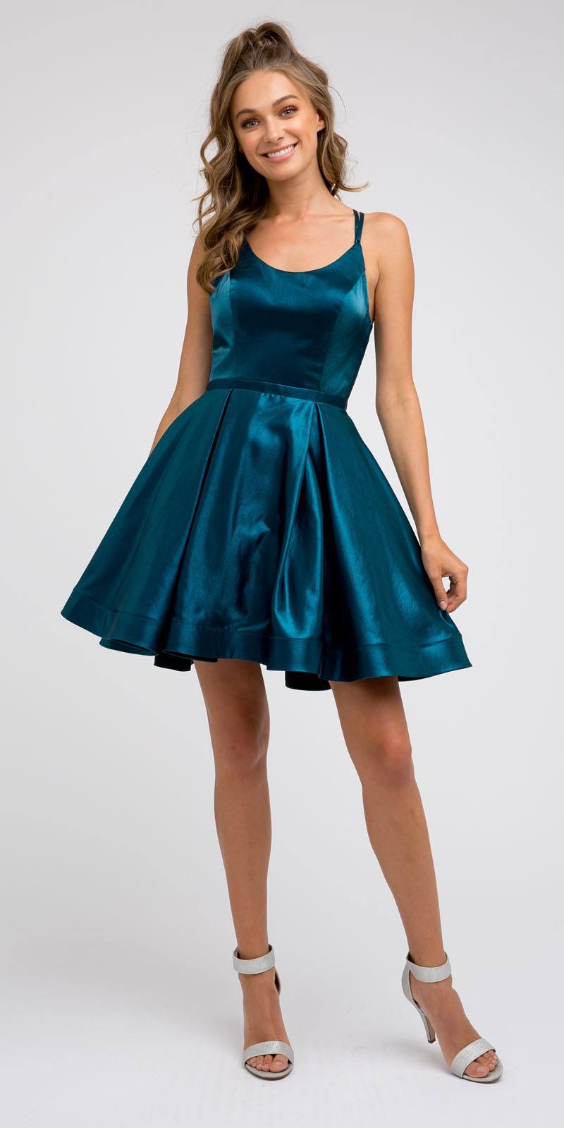 Teal satin homecoming short dress with wide straps and flared pleated skirt
