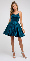 Teal satin homecoming short dress with wide straps and flared pleated skirt
