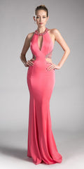 Coral long evening dress, sleeveless fitted bodice with keyhole front and side cut-outs