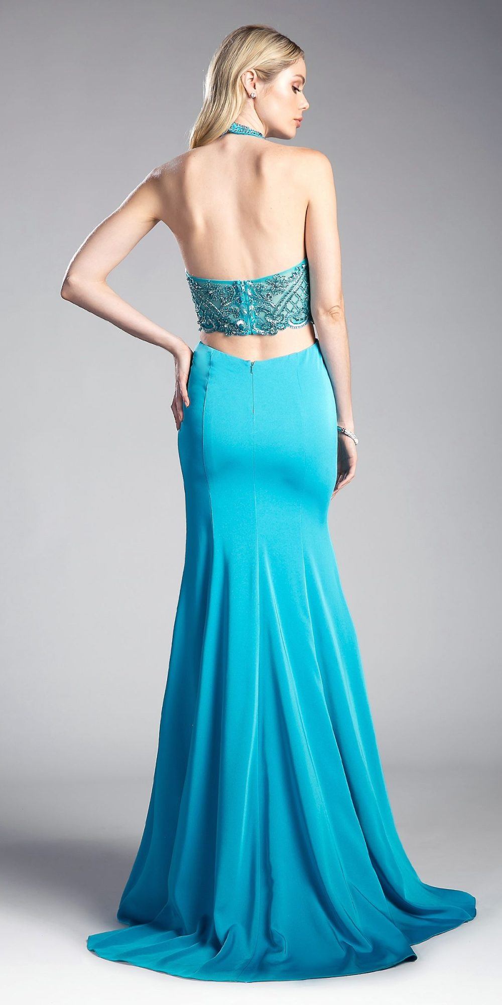 Teal long evening dress with lace back band and fitted keyhole neckline, flared skirt