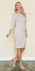 Taupe midi sheath dress with 3/4 sleeves and side slit