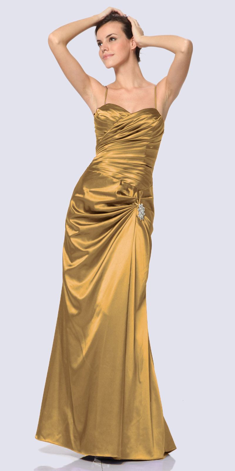 Gold satin sweetheart evening dress with ruched bodice and draped skirt