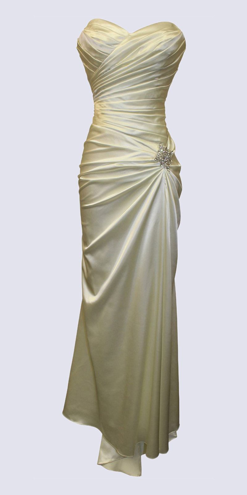 Ivory satin sweetheart dress with ruched bodice, draped skirt, and jeweled waist accent