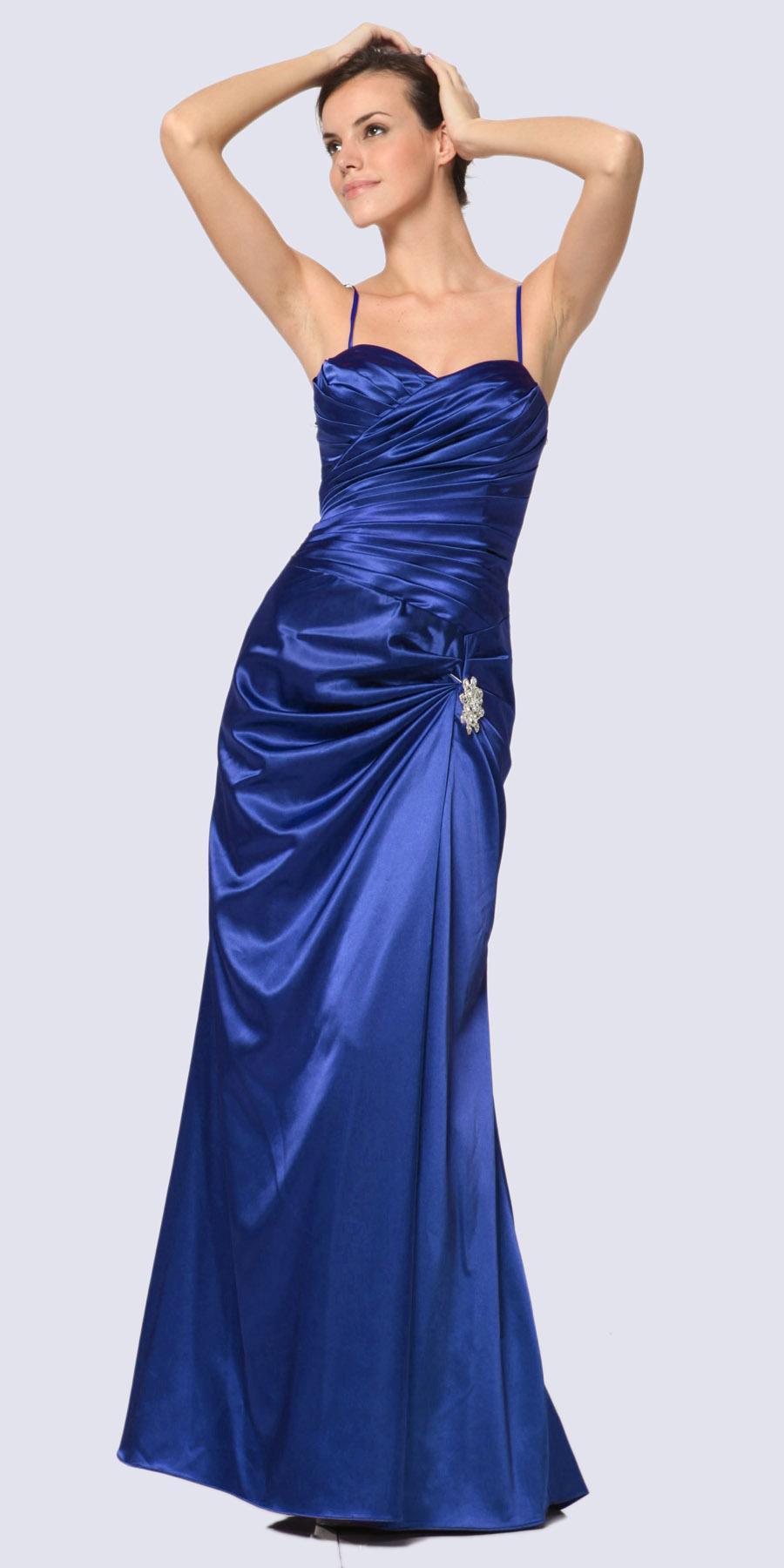 Royal blue satin strapless dress with ruched bodice, sweetheart neckline, jeweled accent