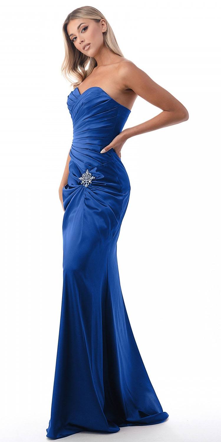 Blue satin strapless dress with ruched bodice and jeweled hip detail