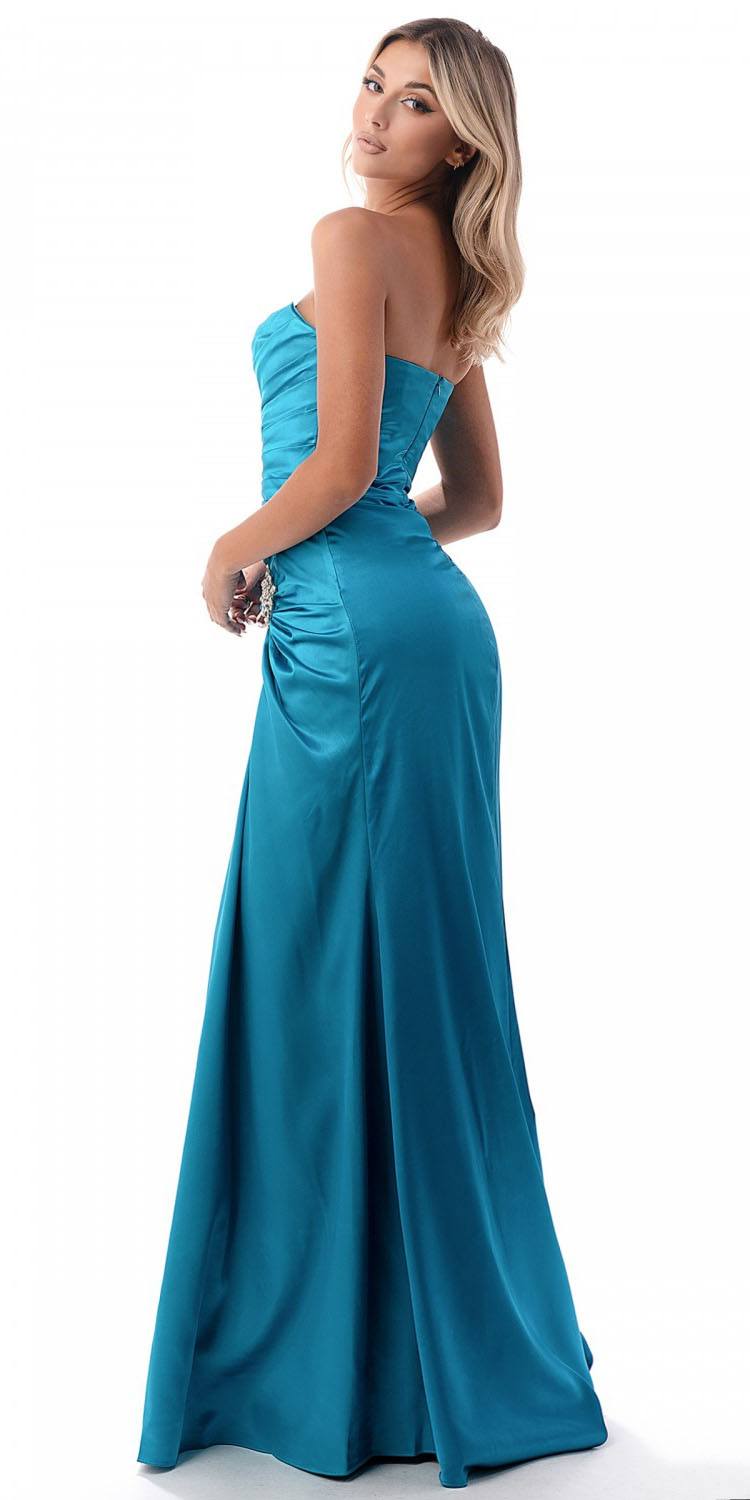 Teal satin strapless evening dress with ruched bodice and fitted draped skirt