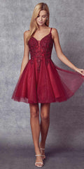 Burgundy glitter A-line mini dress with V-neck embroidered bodice and thin straps