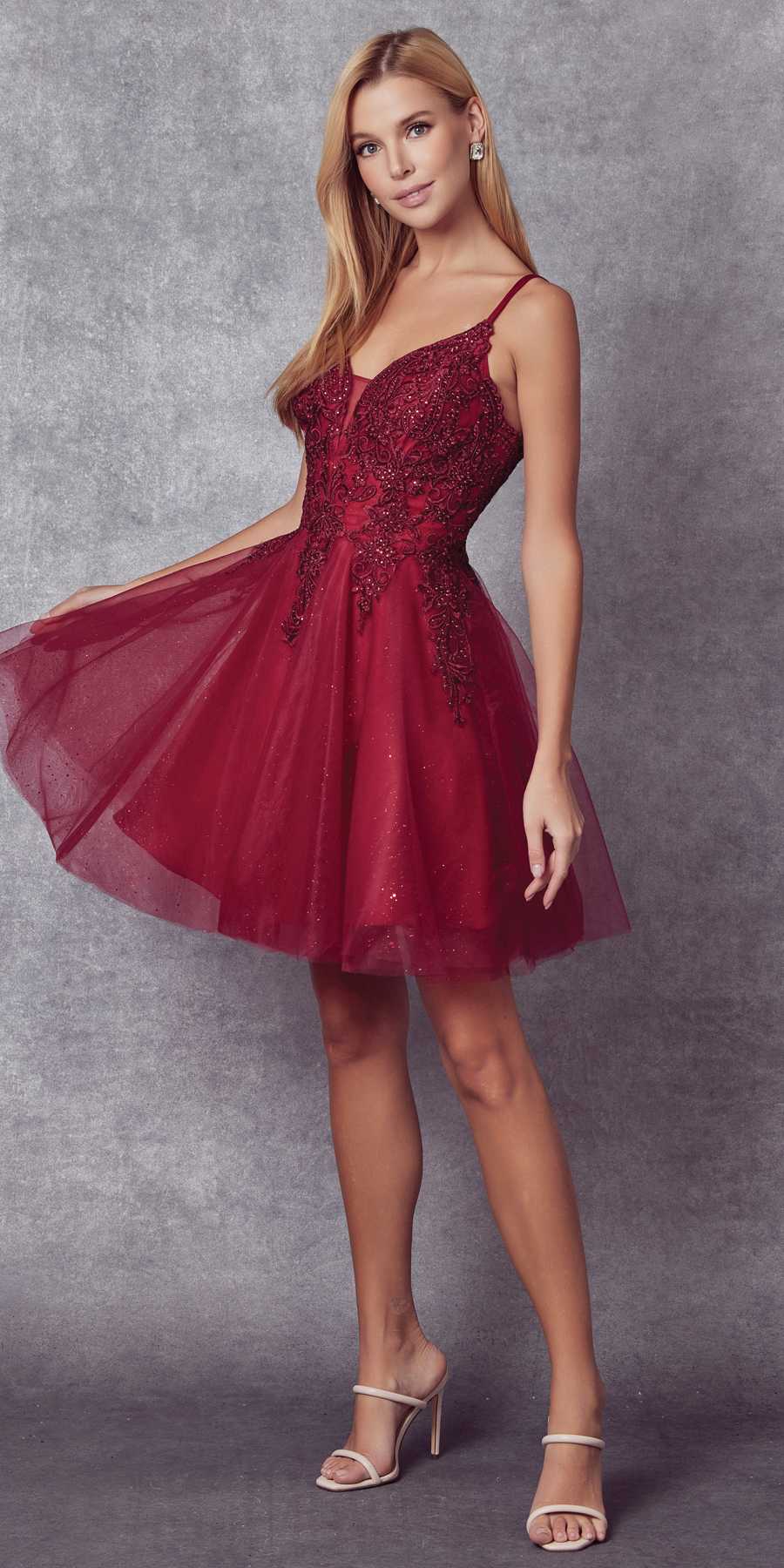 Burgundy glitter A-line mini dress with V-neck and embroidered bodice, spaghetti straps
