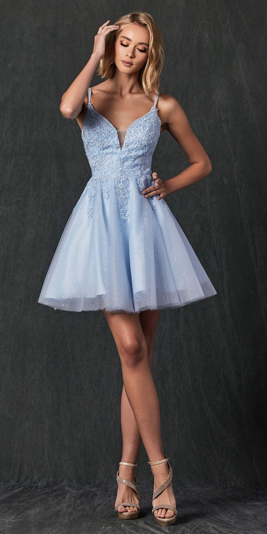 Ice blue glitter A-line mini dress with V-neck bodice, thin straps, flared skirt