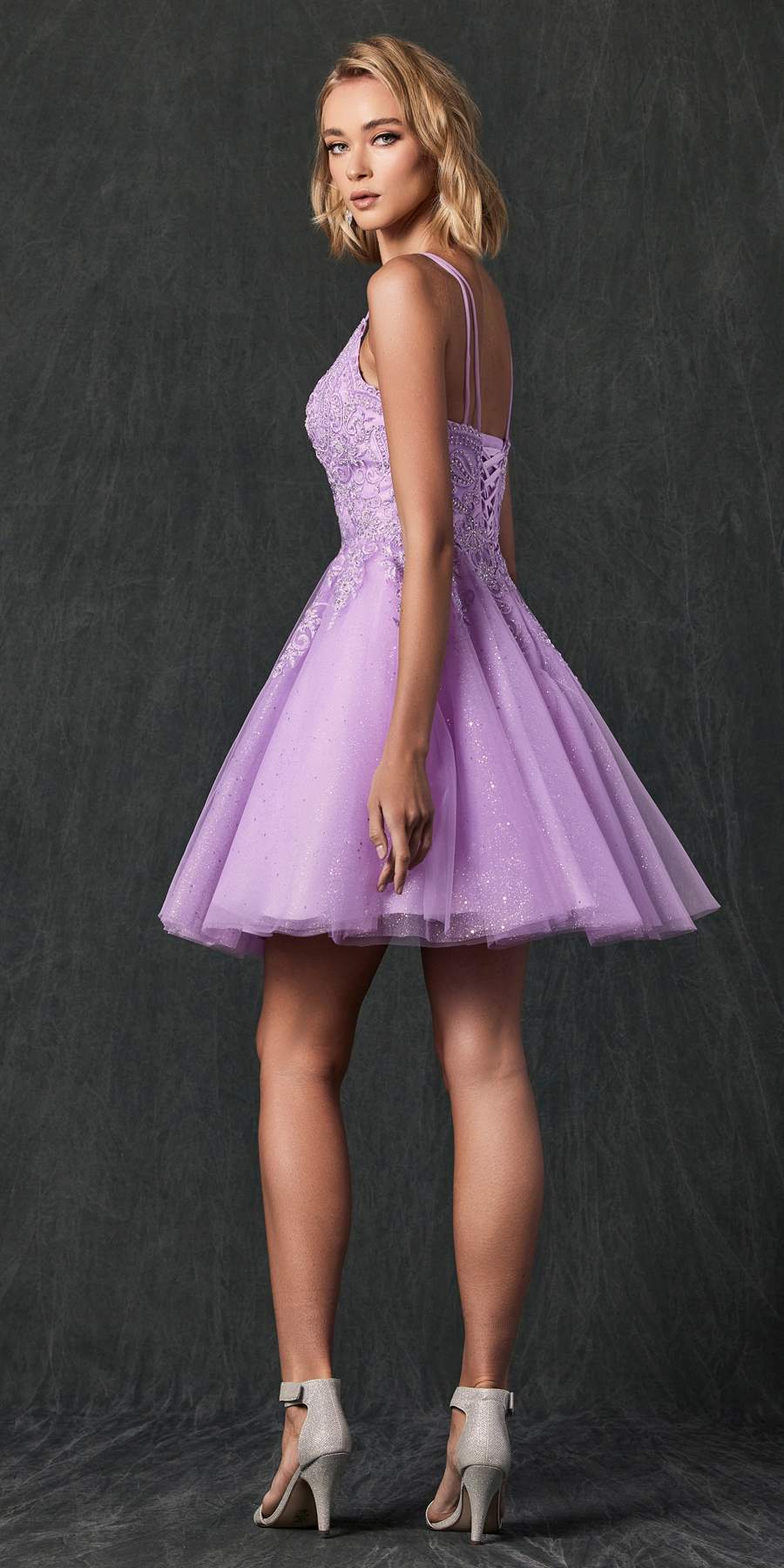 Lilac glitter A-line short dress, side view with embroidered bodice and sheer tulle skirt