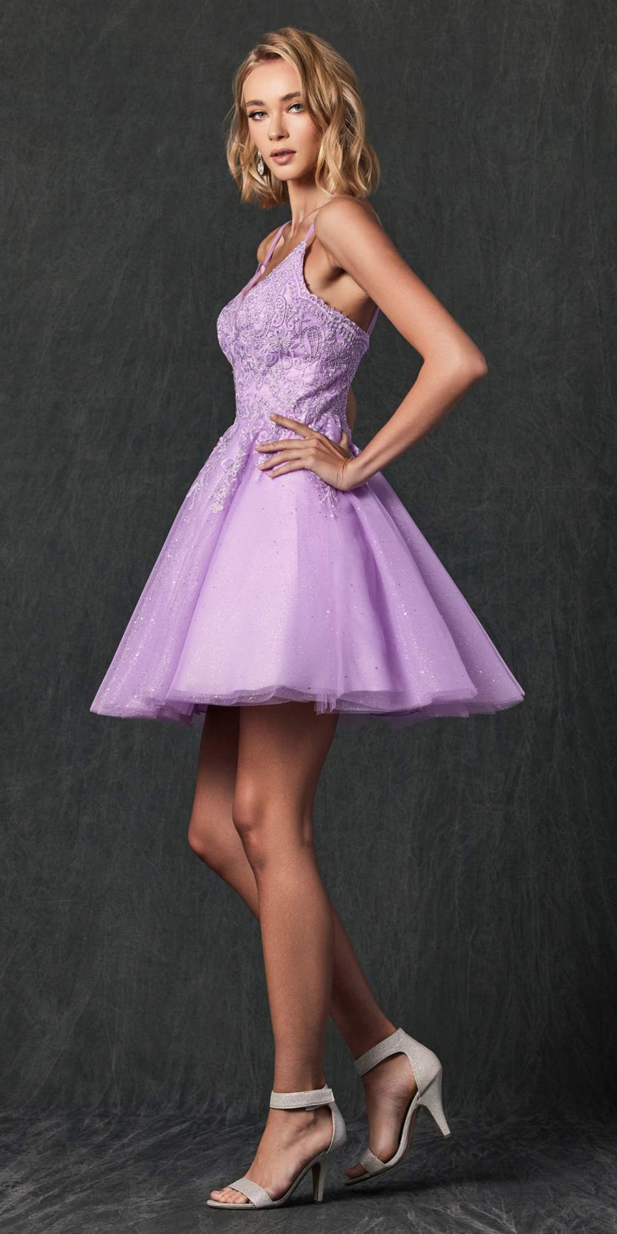 Lilac glitter A-line short dress with embroidered bodice, fitted waist, and flared skirt