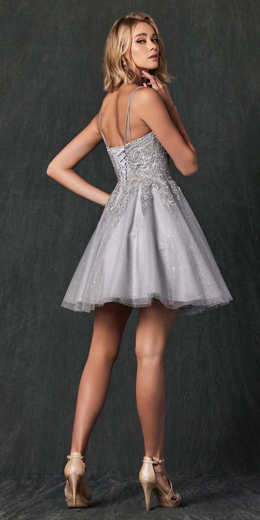 Silver glitter A-line mini dress with V-back, thin straps, embroidered bodice