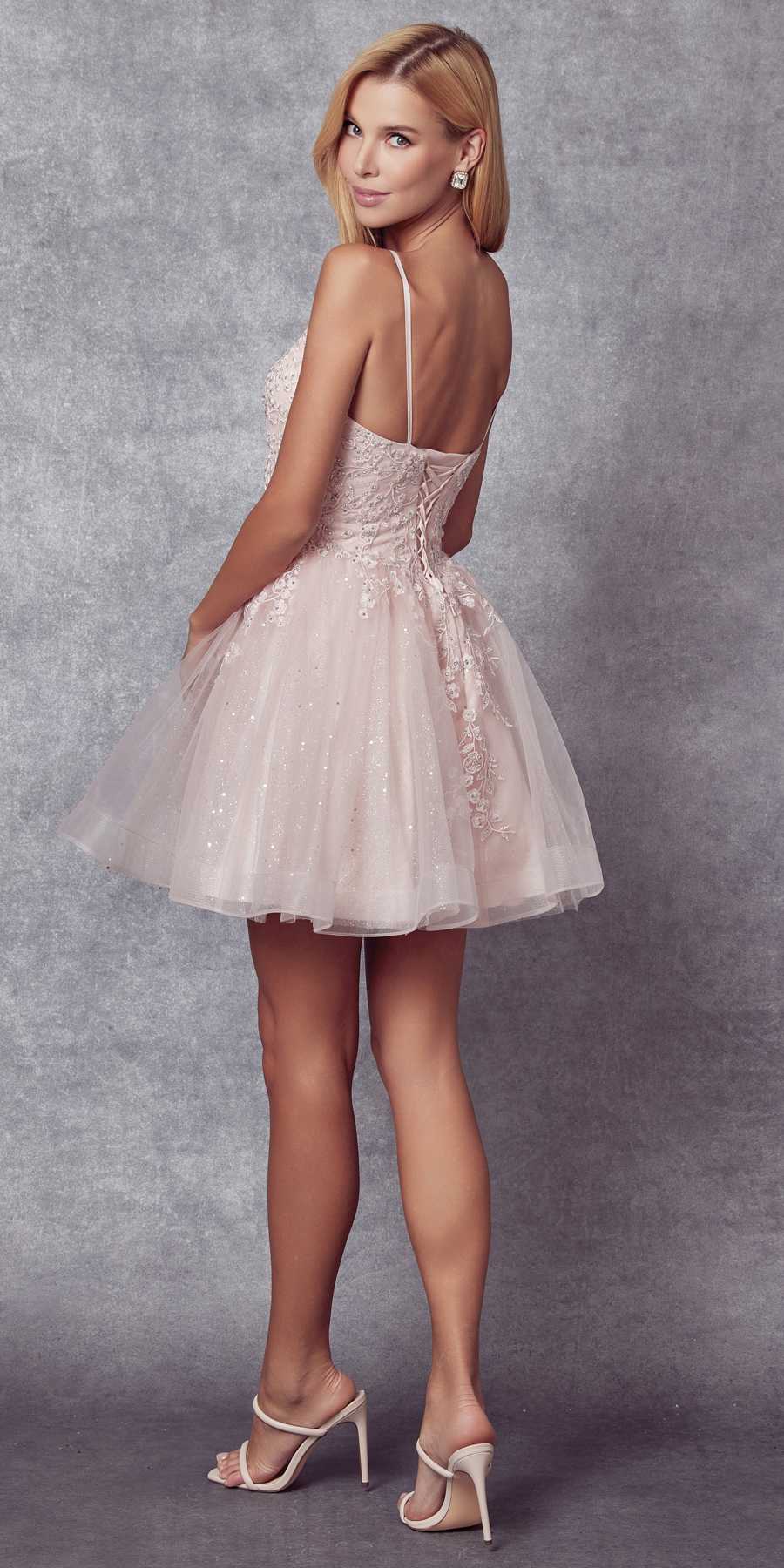 Short A-line glitter tulle dress with floral applique, champagne-pink color from back view