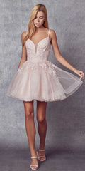 Short A-line glitter tulle dress with floral applique, champagne-pink color and V-neck bodice
