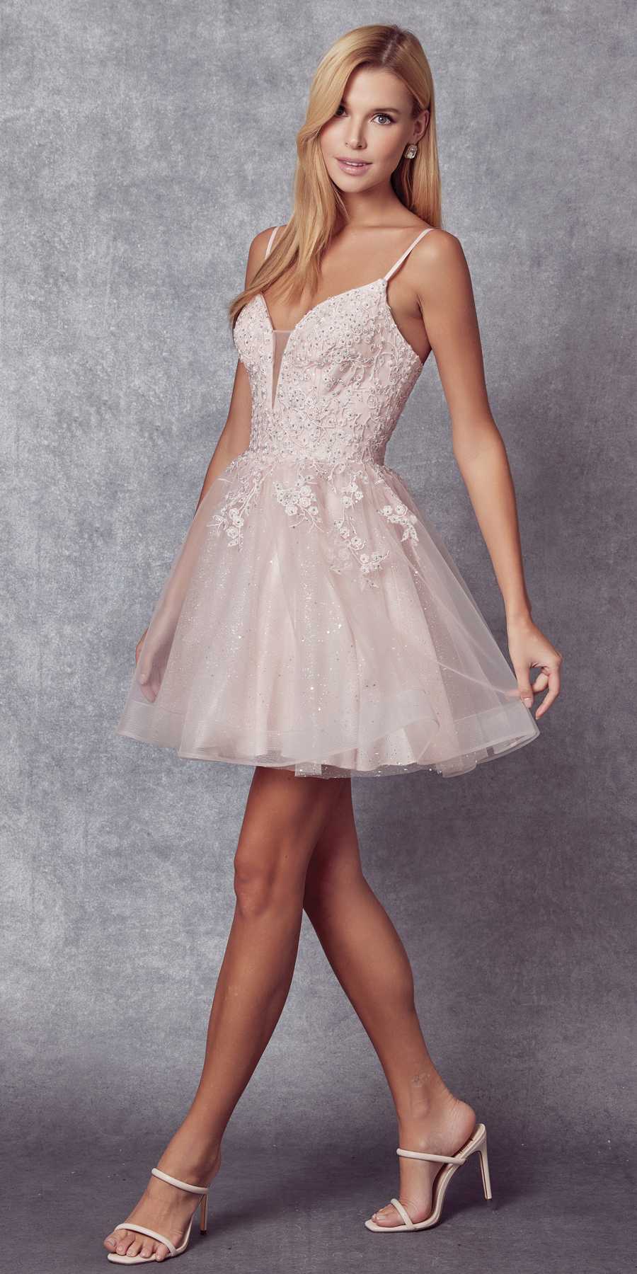 Short A-line glitter tulle dress with floral applique, champagne-pink color and thin straps