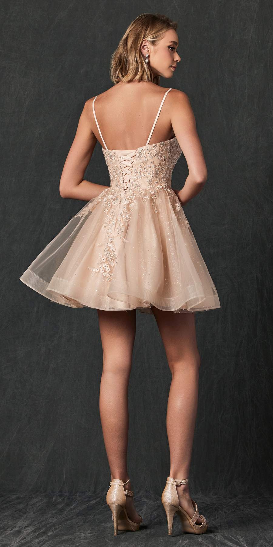 Champagne short A-line tulle dress with glitter floral applique and thin spaghetti straps