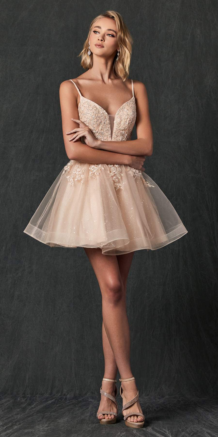 Champagne short A-line tulle dress with floral applique bodice and glitter detail