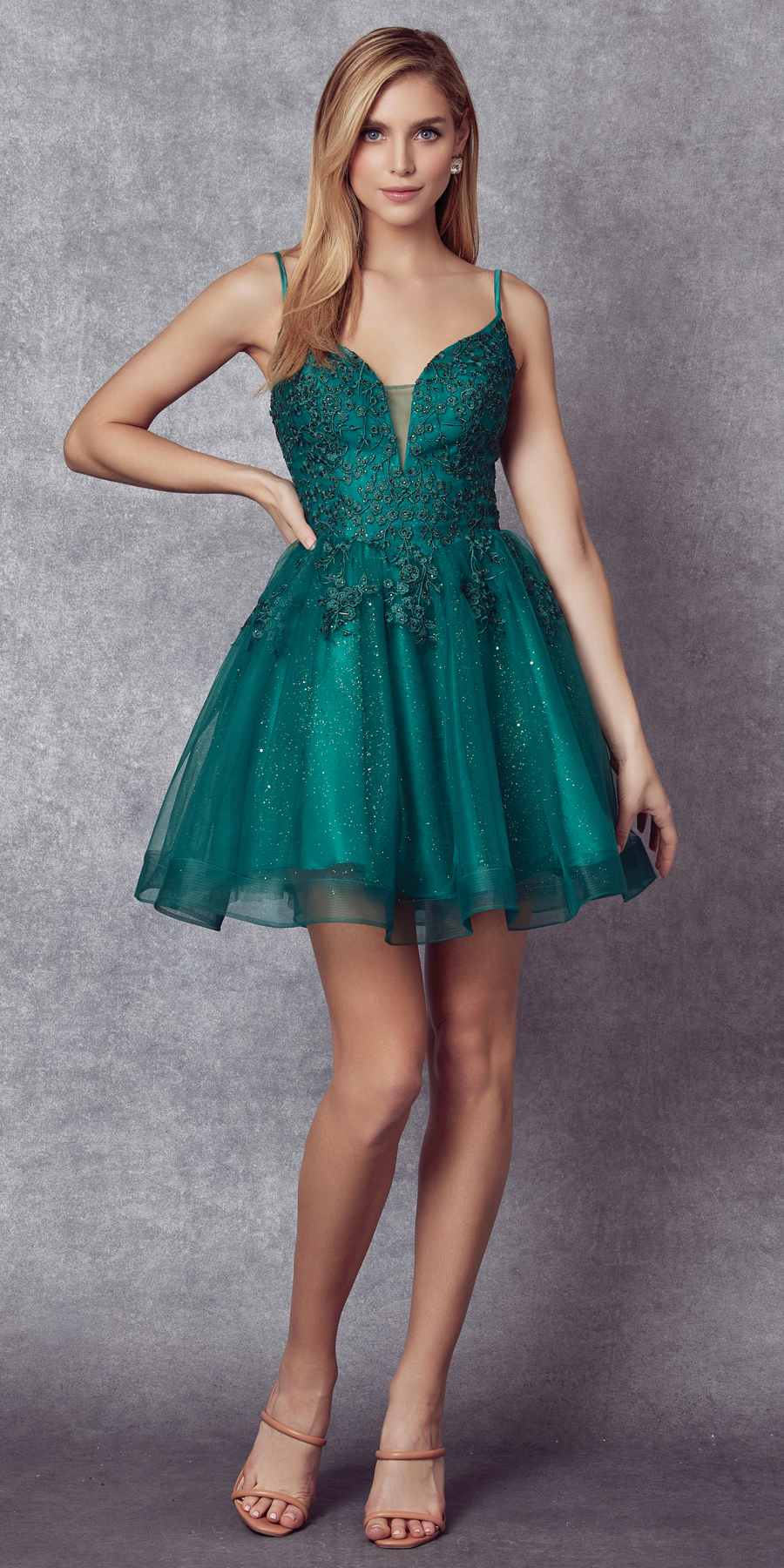 Short A-line glitter tulle dress with floral applique, deep green color and thin spaghetti straps
