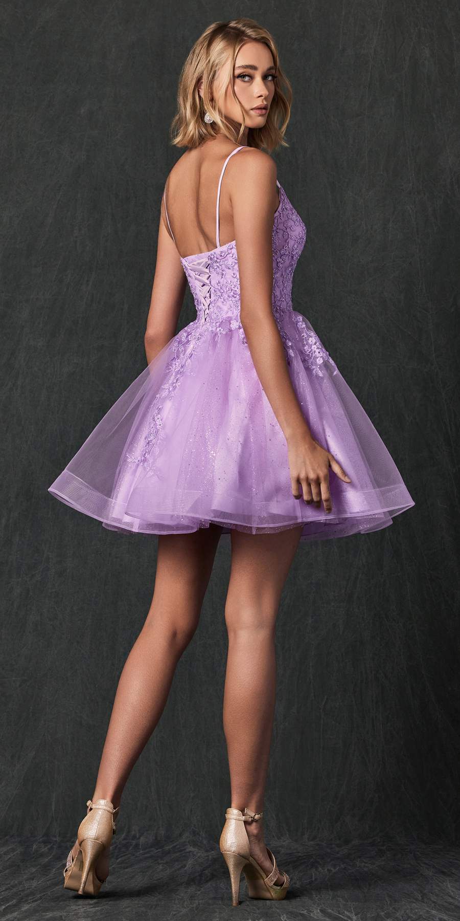Lilac short A-line tulle dress with glitter floral applique and thin spaghetti straps