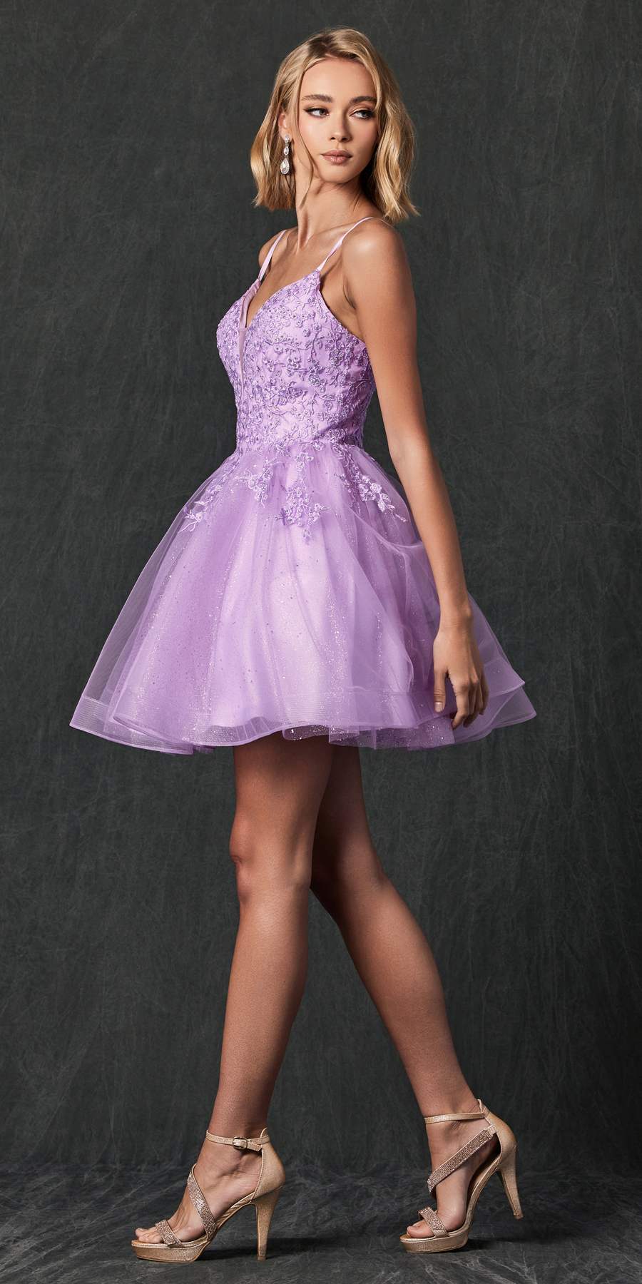 Short A-line glitter tulle dress with floral applique, lilac-purple color and spaghetti straps