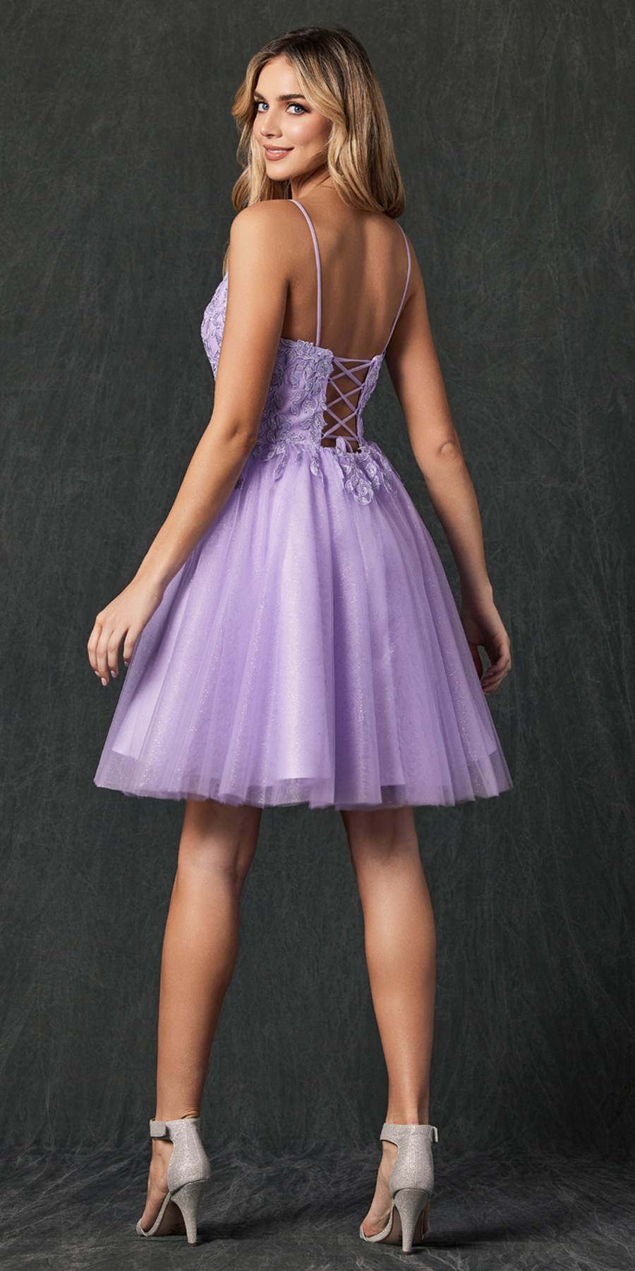 Lilac short dress with corset-style bodice, floral applique, and tulle skirt