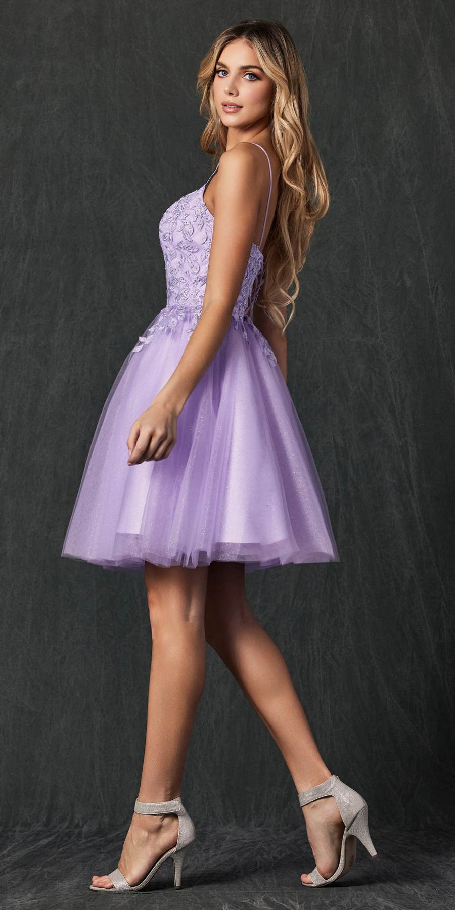 Lilac short floral applique dress with spaghetti straps and fit-and-flare skirt