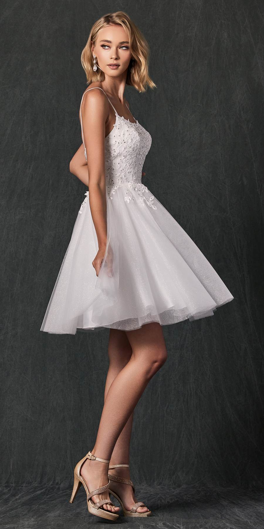 Off-white short floral applique dress with spaghetti straps and flared tulle skirt