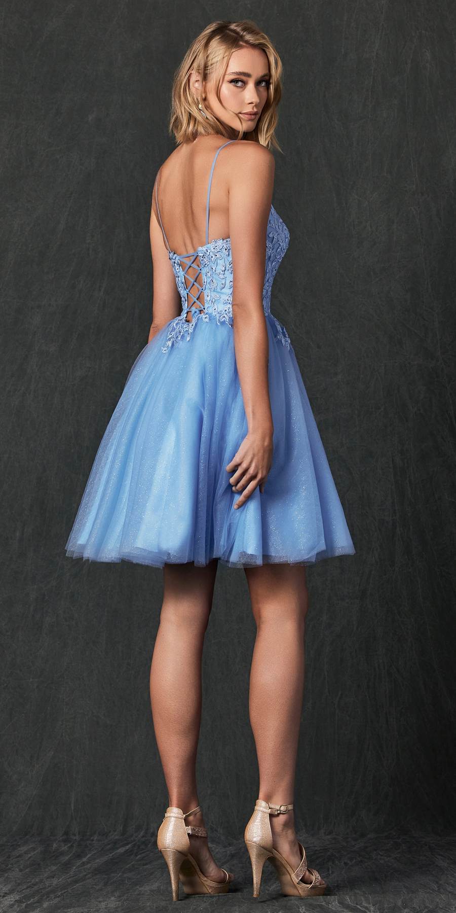 Powder blue short floral applique dress with crisscross open back and flared skirt