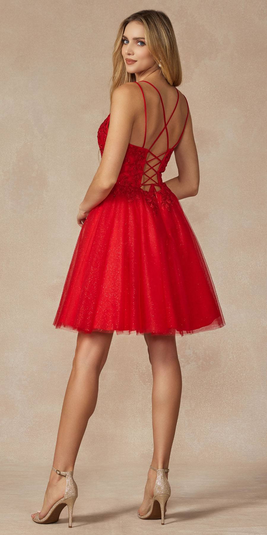 Red short floral applique dress with crisscross open back and fit-and-flare skirt