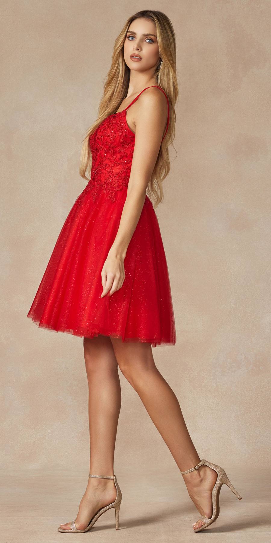 Red short floral applique dress with spaghetti straps and A-line skirt