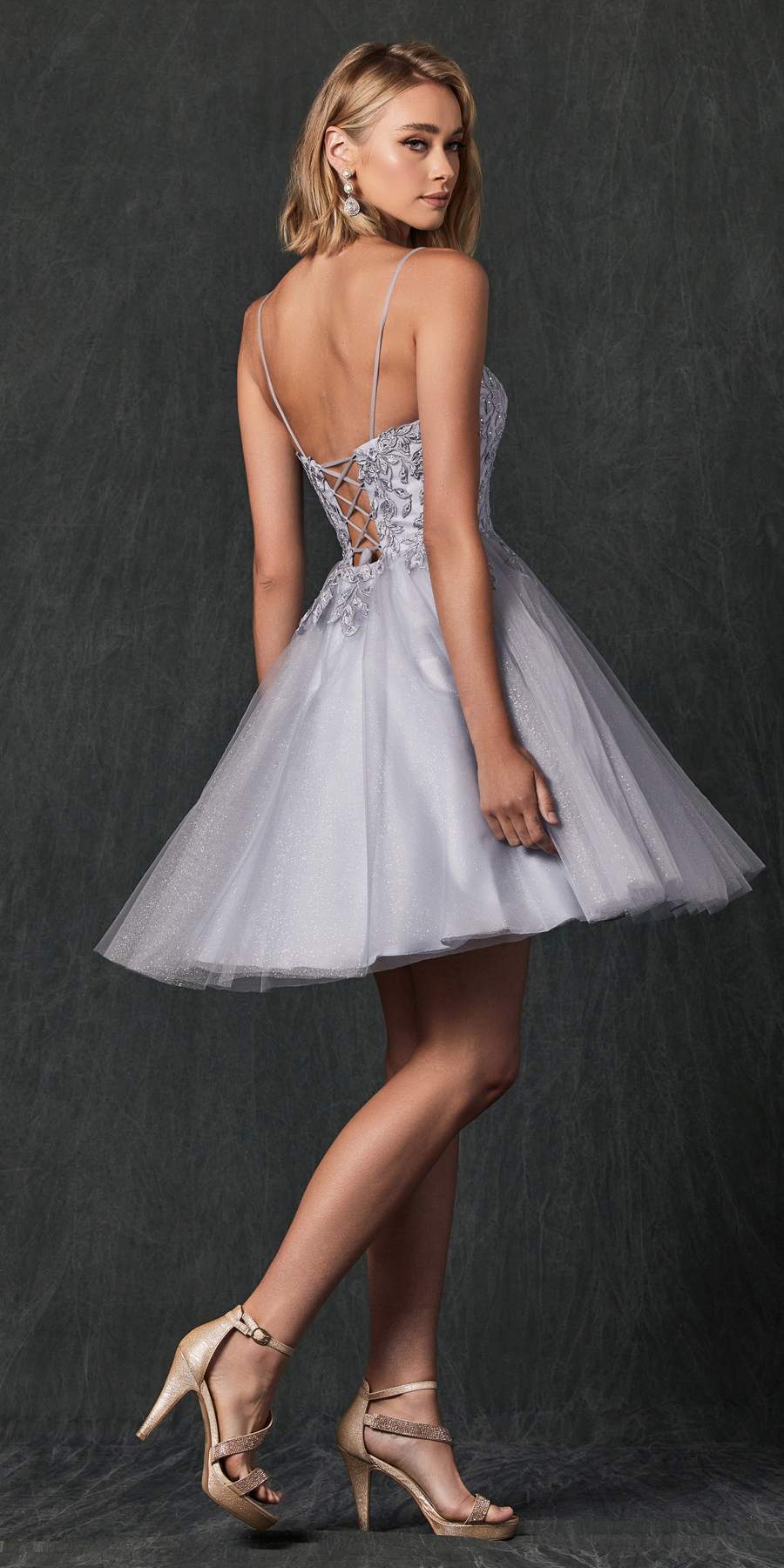 Powder blue short dress with corset-style bodice, floral applique, and flared tulle skirt