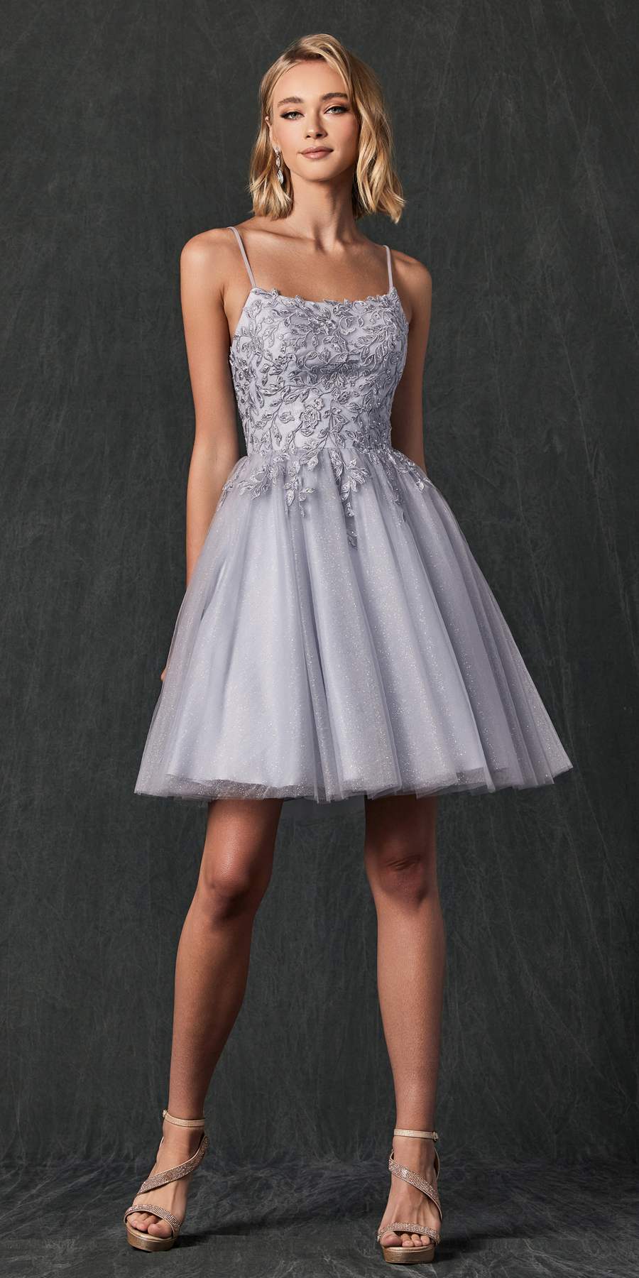 Silver-toned short floral applique dress with corset bodice and flared tulle skirt