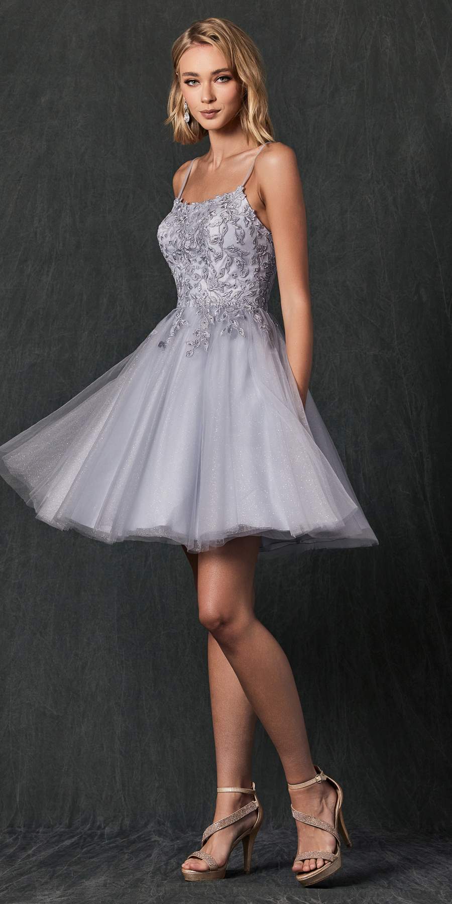 Light purple short dress with corset bodice, floral applique, and layered tulle skirt