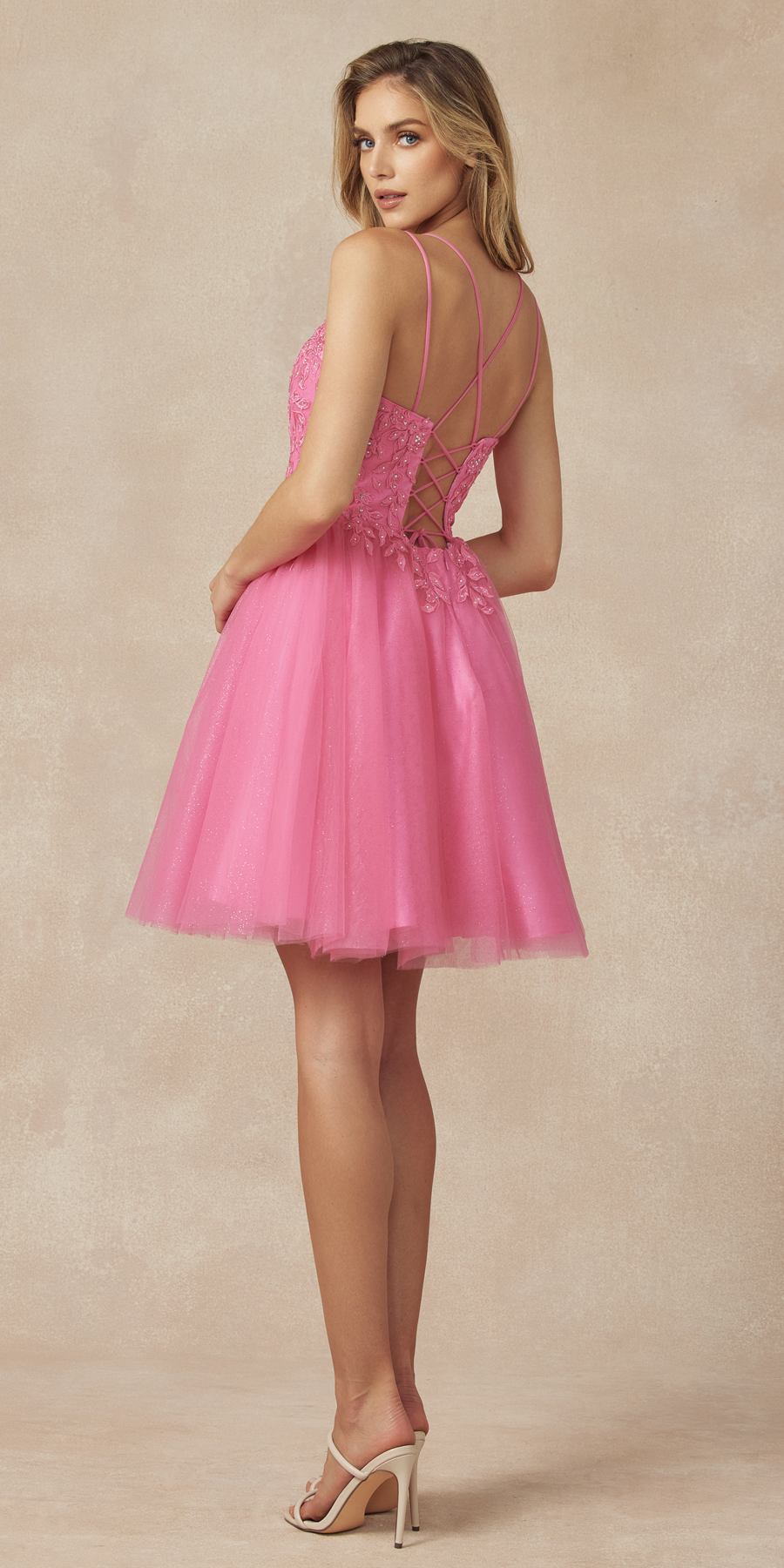 Pink short floral applique dress with spaghetti straps and flared tulle skirt