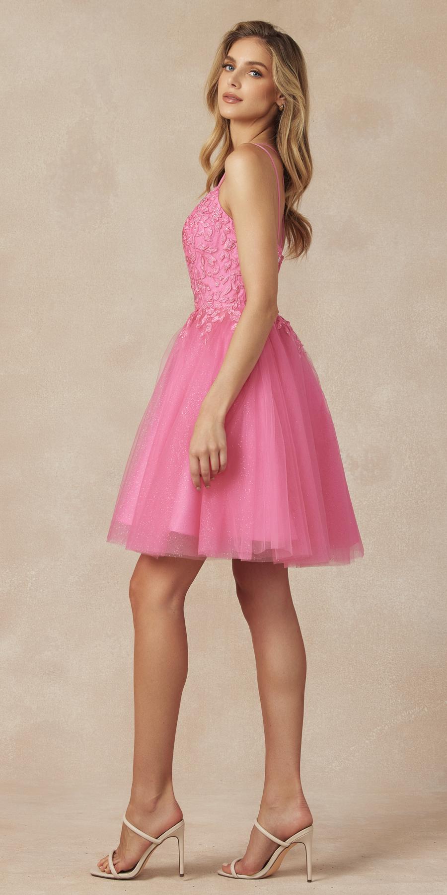Hot pink sleeveless short floral applique dress with flared tulle skirt