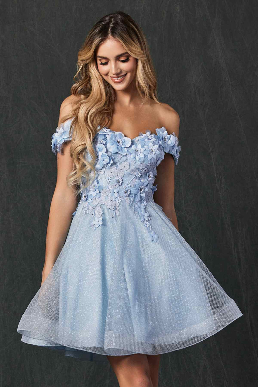 Light blue floral appliqué tulle A-line short dress with off-shoulder ruffles