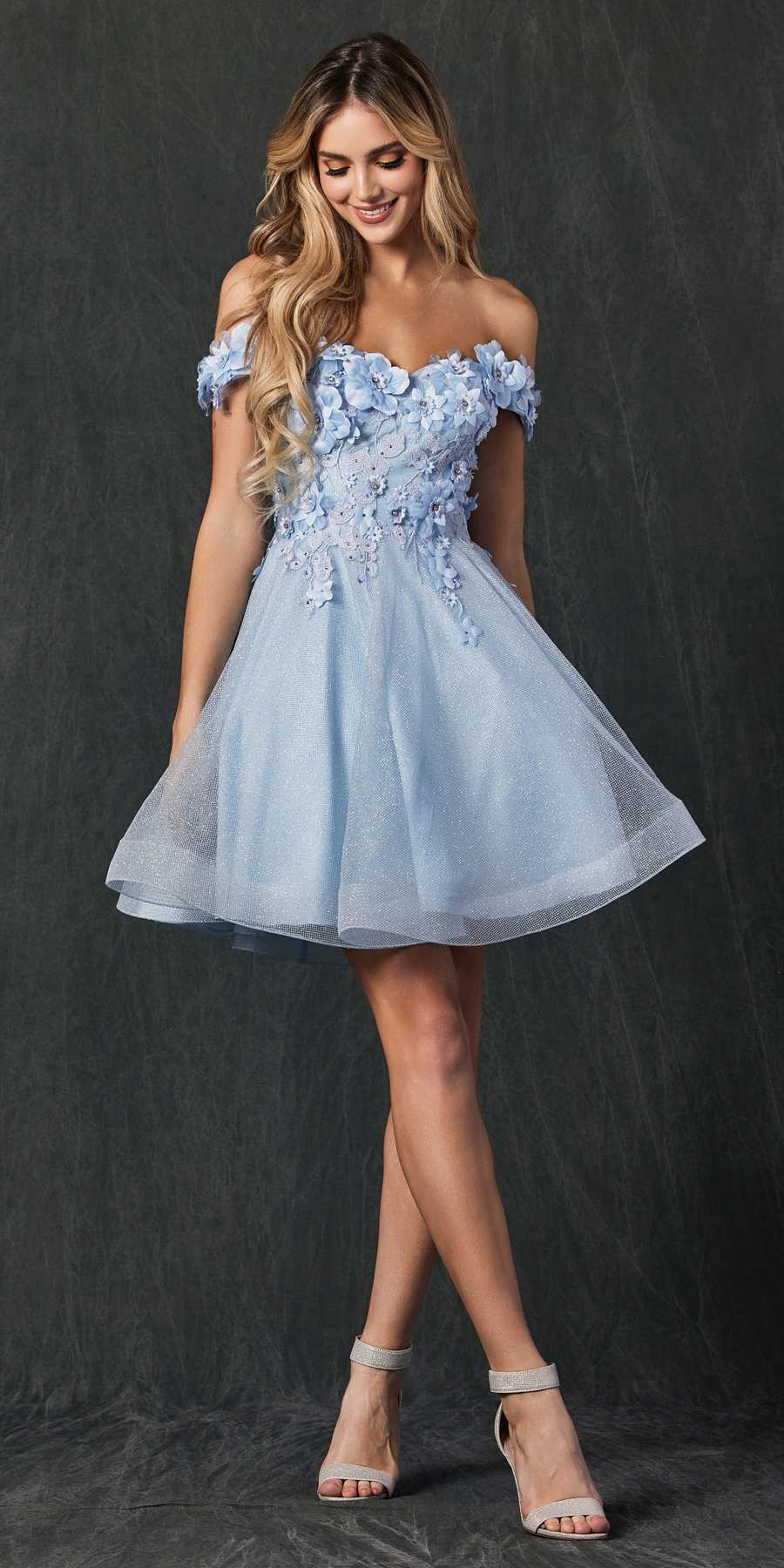 Light blue floral appliqué tulle A-line short dress with ruffled off-shoulder sleeves