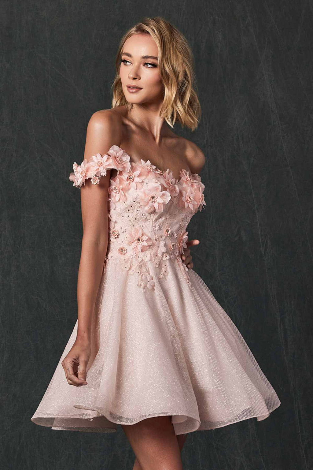 Floral embroidered glitter mesh short A-line dress in blush, off-shoulder with floral detailing.