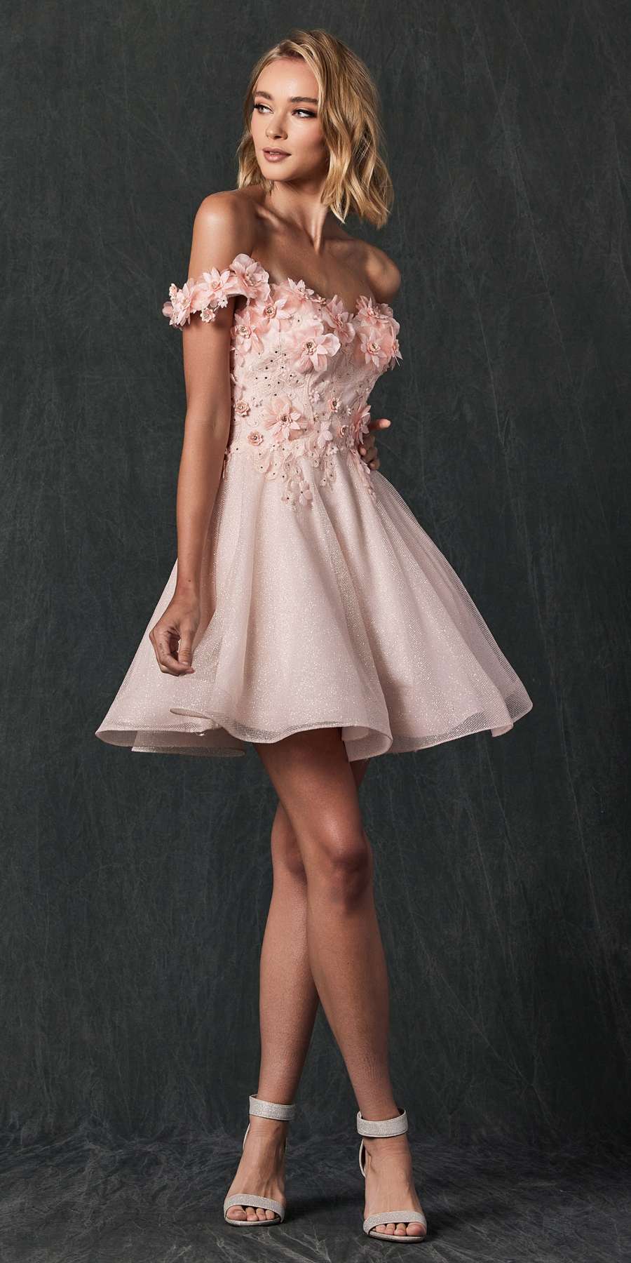 Floral embroidered glitter mesh short A-line dress in blush, off-shoulder and lace appliques.