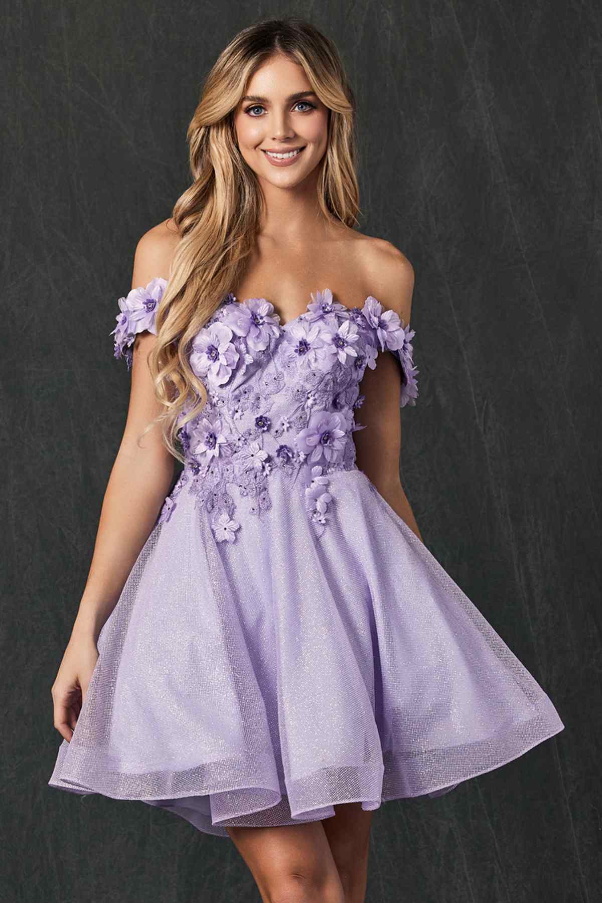 Floral embroidered glitter mesh A-line short dress, off-shoulder, lavender-purple front
