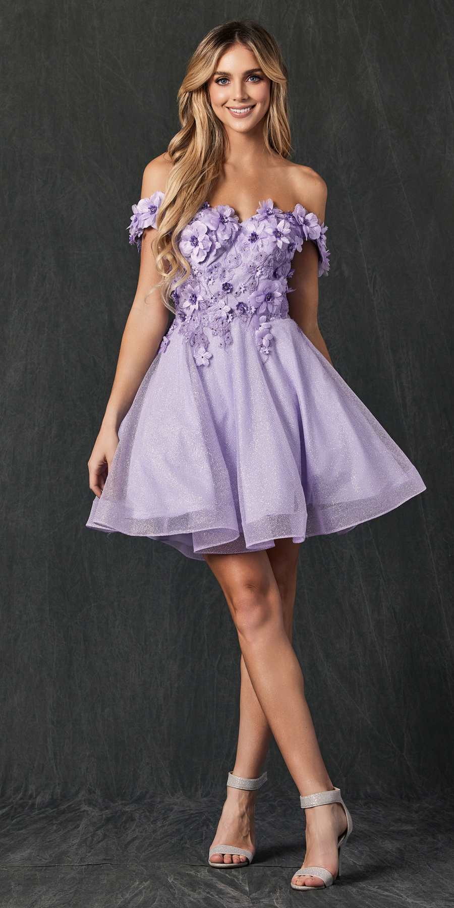 Floral embroidered glitter mesh A-line short dress, off-shoulder, lavender-purple