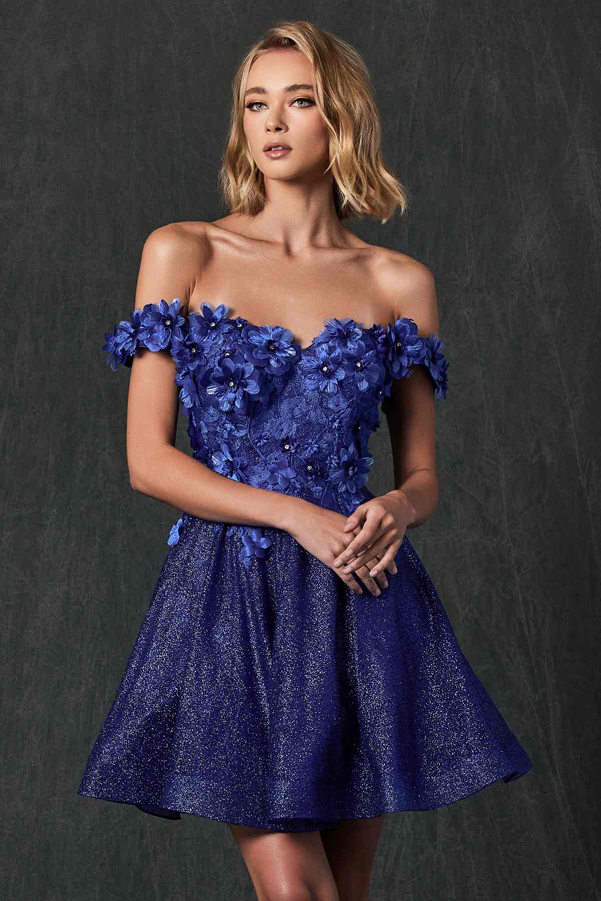Blue floral embroidered glitter mesh A-line short dress with ruffled off-shoulder